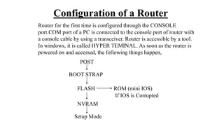 Configuration of a Router
Router for the first time is configured through the CONSOLE
port.COM port of a PC is connected to the console port of router with
a console cable by using a transceiver. Router is accessible by a tool.
In windows, it is called HYPER TEMINAL. As soon as the router is
powered on and accessed, the following things happen,
POST
BOOT STRAP
FLASH
NVRAM
Setup Mode
ROM (mini IOS)
If IOS is Corrupted
 