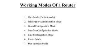 Working Modes Of a Router
1. User Mode (Default mode)
2. Privilege or Administrative Mode
3. Global Configuration Mode
4. Interface Configuration Mode
5. Line Configuration Mode
6. Router Mode
7. Sub-Interface Mode
 