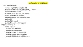Configuration on DHQ Router
SHQ_Router#config t
interface GigabitEthernet0/0/2.601
description *****Towards_BBSR_NKN_L2 SW***
encapsulation dot1Q 601
ip address 10.82.0.18 255.255.255.252
ip ospf network point-to-point
ipv6 address 2001:DF0:C080:A0A::9/127
ipv6 enable
ipv6 ospf 124 area 0
ipv6 ospf network point-to-point
router ospf 124
router-id 193.168.31.35
redistribute static subnets
network 10.14.0.1 0.0.0.0 area 0
network 10.82.0.18 0.0.0.0 area 0
network 193.168.31.35 0.0.0.0 area 0
SHQ_Router#config t
 