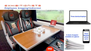 A stack of papers
readable at a glance
E X H I B I T I O N I S T S


Employees bragging/indiscreet
ME
Three identical laptops
Three
Mobiles
all the
same
 