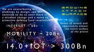 G R O w i n g


A T T A C K


S U R F A C E
We are exacerbating our


problems by design; and will


continue to do so until there is


a m i n d s e t c h a n g e a n d a m o v e t o


proactive defence (and retaliation?)
I N T E R N E T ~ 6 B n
M O B I L I T Y ~ 2 0 B n
I 4 . 0 + I O T > 3 0 0 B n
Po i n t s o f a t t a c k a n d


opportunity almost


the entire surface


of the planet


 