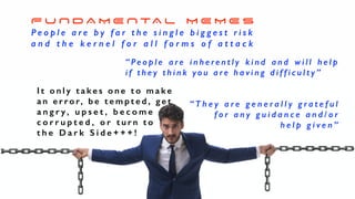 F U N D A M E N TA L M E M E S


P e o p l e a r e b y f a r t h e s i n g l e b i g g e s t r i s k


a n d t h e k e r n e l f o r a l l f o r m s o f a t t a c k
I t o n l y t a k e s o n e t o m a k e
a n e r ro r, b e t e m p t e d , g e t


a n g r y , u p s e t , b e c o m e
c o r r u p t e d , o r t u r n t o


t h e D a r k S i d e + + + !
“ Pe o p l e a re i n h e re n t l y k i n d a n d w i l l h e l p
i f t h e y t h i n k yo u a r e h a v i n g d i f f i c u l t y ”
“ T h e y a r e g e n e r a l l y g r a t e f u l
f o r a n y g u i d a n c e a n d / o r


h e l p g i v e n ”
 