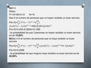 A)X=3
Datos:
P=10/100=0,10 N=15
Sea X el numero de personas que no hayan recibido un buen servicio.
P(x=3)=(
𝑛
𝑥
) 𝑃 𝑥
(1 − 𝑃) 𝑛−𝑥
=(
15
3
)
(0,10)3
(1 − 0,10)15−3
=455.(0,001)(0,90)12
P(x=3)=0,455.(0,2824)=0,1285
∴la probabilidad de que 3 personas no hayan recibido un buen servicio
es de 12,85%
B)Sea x=0 el numero de personas que no haya recibido un buen
servicio
P(x=0)=(
𝑛
𝑥
) 𝑃 𝑥(1 − 𝑃) 𝑛−𝑥=(
15
0
) (0,10)0(1 − 0,10)15−0=1.1(0,90)15
P(x=0)=0,2058
∴la probabilidad de que ninguno haya recibido un buen servicio es de
20,58%
 