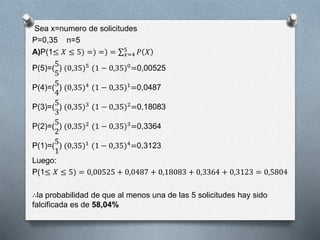 Sea x=numero de solicitudes
P=0,35 n=5
A)P(1≤ 𝑋 ≤ 5) =) =) = 𝑥=4
5
𝑃 𝑋
P(5)=(
5
5
) (0,35)5 (1 − 0,35)0=0,00525
P(4)=(
5
4
) (0,35)4
(1 − 0,35)1
=0,0487
P(3)=(
5
3
) (0,35)3 (1 − 0,35)2=0,18083
P(2)=(
5
2
) (0,35)2 (1 − 0,35)3=0,3364
P(1)=(
5
1
) (0,35)1
(1 − 0,35)4
=0,3123
Luego:
P(1≤ 𝑋 ≤ 5) = 0,00525 + 0,0487 + 0,18083 + 0,3364 + 0,3123 = 0,5804
∴la probabilidad de que al menos una de las 5 solicitudes hay sido
falcificada es de 58,04%
 
