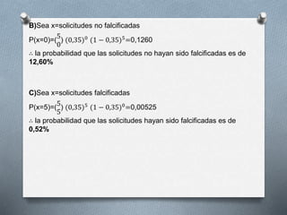 B)Sea x=solicitudes no falcificadas
P(x=0)=(
5
0
) (0,35)0
(1 − 0,35)5
=0,1260
∴ la probabilidad que las solicitudes no hayan sido falcificadas es de
12,60%
C)Sea x=solicitudes falcificadas
P(x=5)=(
5
5
) (0,35)5 (1 − 0,35)0=0,00525
∴ la probabilidad que las solicitudes hayan sido falcificadas es de
0,52%
 