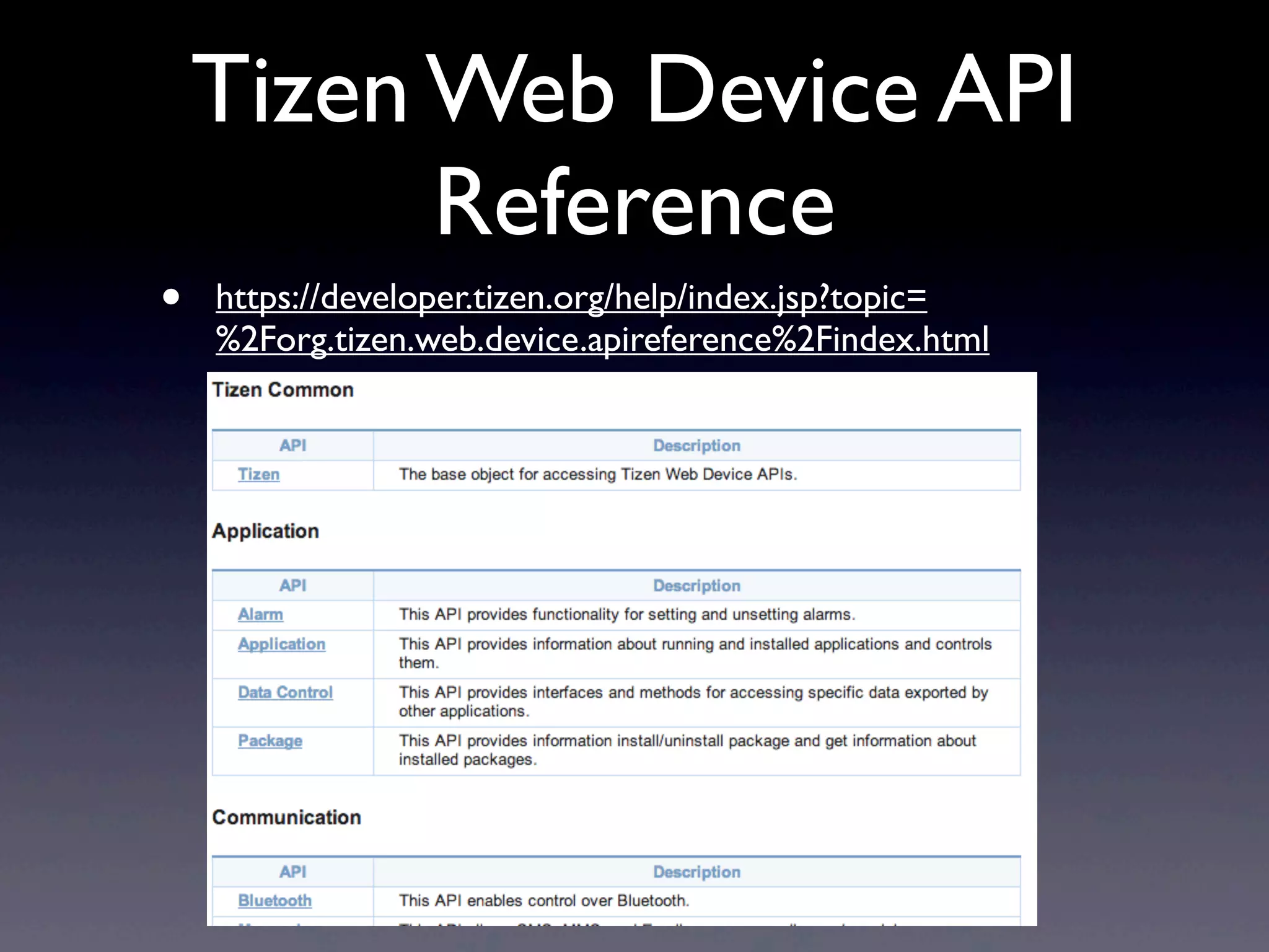 Tizen Web Device API
Reference
• https://developer.tizen.org/help/index.jsp?topic=
%2Forg.tizen.web.device.apireference%2Findex.html
 