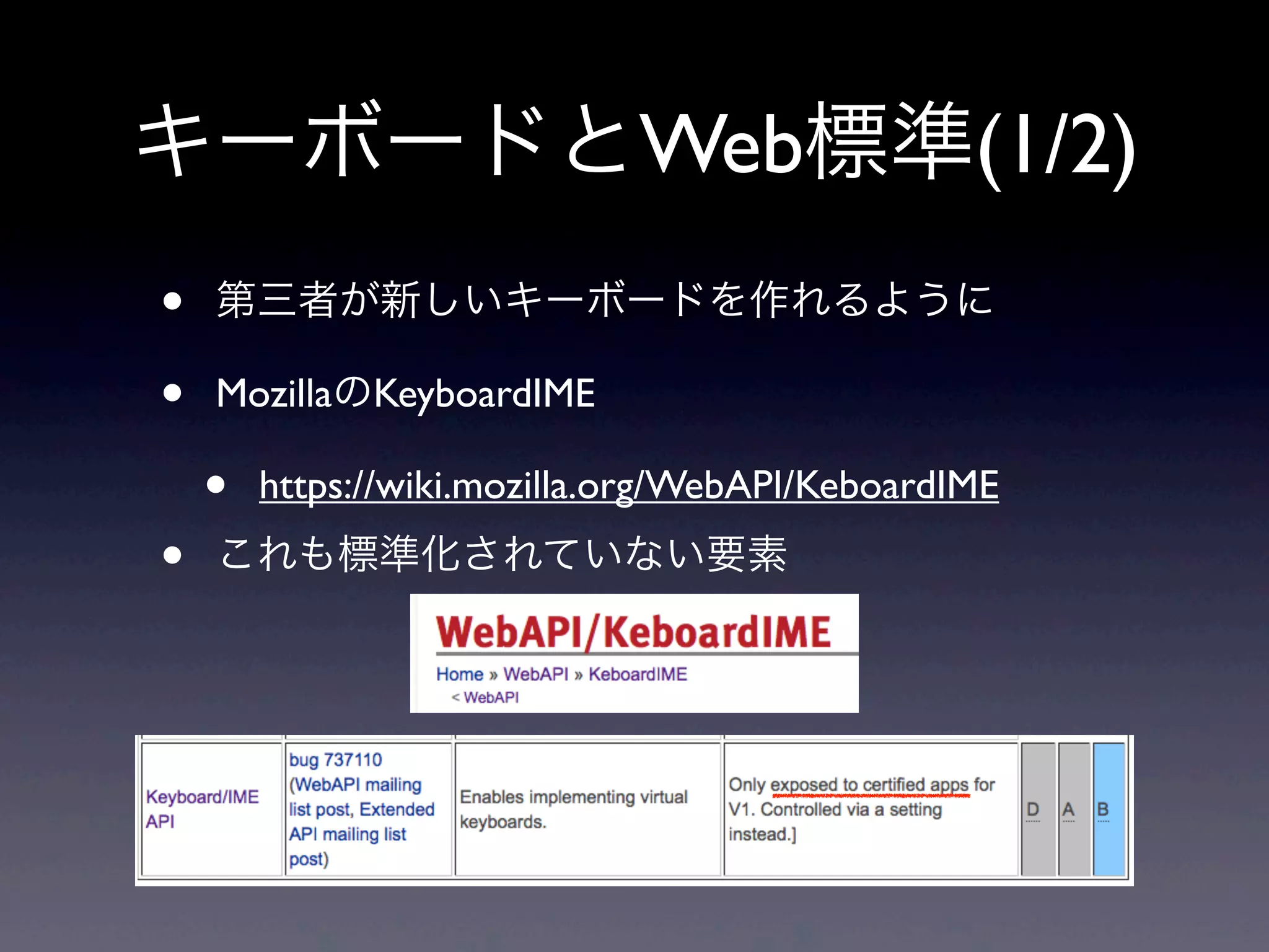 キーボードとWeb標準(1/2)
• 第三者が新しいキーボードを作れるように
• MozillaのKeyboardIME
• https://wiki.mozilla.org/WebAPI/KeboardIME
• これも標準化されていない要素
 