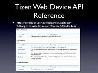 Tizen Web Device API
Reference
• https://developer.tizen.org/help/index.jsp?topic=
%2Forg.tizen.web.device.apireference%2Findex.html
 
