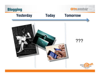 Blogging
     Yesterday   Today   Tomorrow




                               ???
 