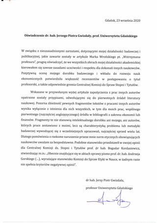 Oświadczenie rektora UG w sprawie artykułu Marka Wrońskiego