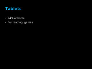 Tablets
• 74% at home.
• For reading, games, consuming content.
 
