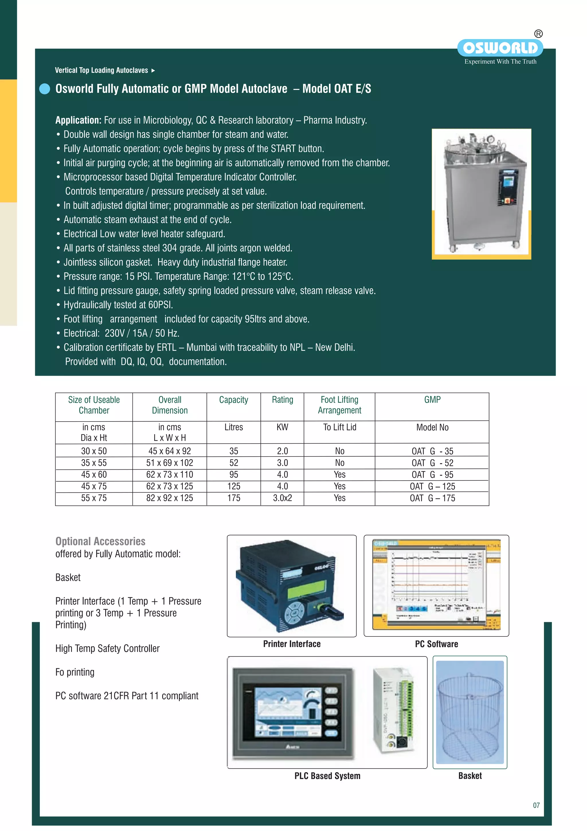 Optional Accessories
offered by Fully Automatic model:
Basket
Printer Interface (1 Temp + 1 Pressure
printing or 3 Temp + 1 Pressure
Printing)
High Temp Safety Controller
Fo printing
PC software 21CFR Part 11 compliant
Basket
PC SoftwarePrinter Interface
PLC Based System
R
OSWORLD
Experiment With The Truth
Application: For use in Microbiology, QC & Research laboratory – Pharma Industry.?
• Double wall design has single chamber for steam and water.
• Fully Automatic operation; cycle begins by press of the START button.
• Initial air purging cycle; at the beginning air is automatically removed from the chamber.
• Microprocessor based Digital Temperature Indicator Controller.
Controls temperature / pressure precisely at set value.
• In built adjusted digital timer; programmable as per sterilization load requirement.
• Automatic steam exhaust at the end of cycle.
• Electrical Low water level heater safeguard.
• All parts of stainless steel 304 grade. All joints argon welded.
• Jointless silicon gasket. Heavy duty industrial flange heater.
• Pressure range: 15 PSI. Temperature Range: 121°C to 125°C.
• Lid fitting pressure gauge, safety spring loaded pressure valve, steam release valve.
• Hydraulically tested at 60PSI.
• Foot lifting arrangement included for capacity 95ltrs and above.
• Electrical: 230V / 15A / 50 Hz.
• Calibration certificate by ERTL – Mumbai with traceability to NPL – New Delhi.
Provided with DQ, IQ, OQ, documentation.
Vertical Top Loading Autoclaves
Osworld Fully Automatic or GMP Model Autoclave – Model OAT E/S
Size of Useable
Chamber
in cms
Dia x Ht
30 x 50
35 x 55
45 x 60
45 x 75
55 x 75
Capacity
Litres
35
52
95
125
175
Rating
KW
2.0
3.0
4.0
4.0
3.0x2
Model No
GMP
OAT G - 35
OAT G - 52
OAT G - 95
OAT G – 125
OAT G – 175
Foot Lifting
Arrangement
To Lift Lid
No
No
Yes
Yes
Yes
Overall
Dimension
in cms
L x W x H
45 x 64 x 92
51 x 69 x 102
62 x 73 x 110
62 x 73 x 125
82 x 92 x 125
 
