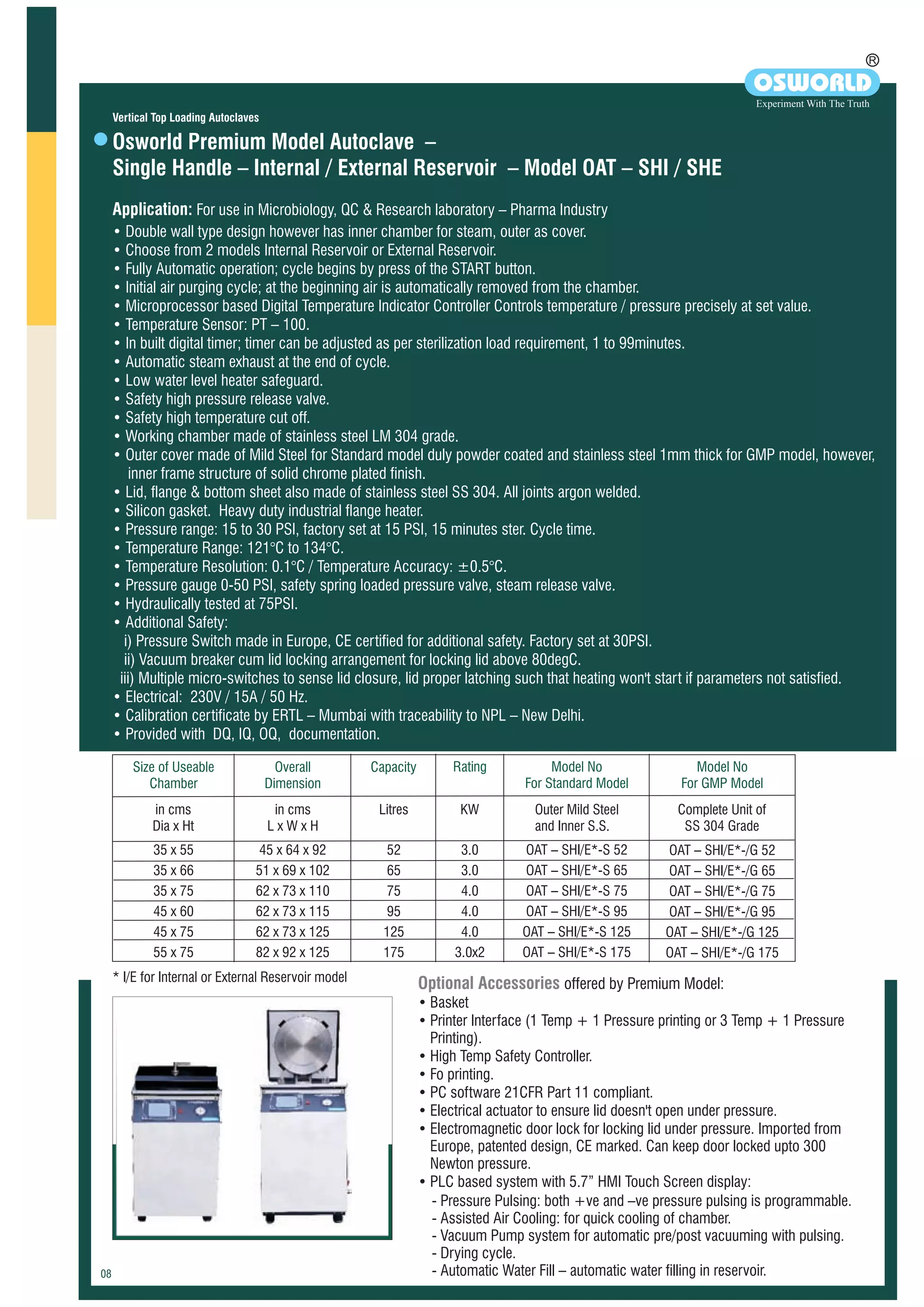 • Double wall type design however has inner chamber for steam, outer as cover.
• Choose from 2 models Internal Reservoir or External Reservoir.
• Fully Automatic operation; cycle begins by press of the START button.
• Initial air purging cycle; at the beginning air is automatically removed from the chamber.
• Microprocessor based Digital Temperature Indicator Controller Controls temperature / pressure precisely at set value.
• Temperature Sensor: PT – 100.
• In built digital timer; timer can be adjusted as per sterilization load requirement, 1 to 99minutes.
• Automatic steam exhaust at the end of cycle.
• Low water level heater safeguard.
• Safety high pressure release valve.
• Safety high temperature cut off.
• Working chamber made of stainless steel LM 304 grade.
• Outer cover made of Mild Steel for Standard model duly powder coated and stainless steel 1mm thick for GMP model, however,
inner frame structure of solid chrome plated finish.
• Lid, flange & bottom sheet also made of stainless steel SS 304. All joints argon welded.
• Silicon gasket. Heavy duty industrial flange heater.
• Pressure range: 15 to 30 PSI, factory set at 15 PSI, 15 minutes ster. Cycle time.
• Temperature Range: 121°C to 134°C.
• Temperature Resolution: 0.1°C / Temperature Accuracy: ±0.5°C.
• Pressure gauge 0-50 PSI, safety spring loaded pressure valve, steam release valve.
• Hydraulically tested at 75PSI.
• Additional Safety:
i) Pressure Switch made in Europe, CE certified for additional safety. Factory set at 30PSI.
ii) Vacuum breaker cum lid locking arrangement for locking lid above 80degC.
iii) Multiple micro-switches to sense lid closure, lid proper latching such that heating won't start if parameters not satisfied.
• Electrical: 230V / 15A / 50 Hz.
• Calibration certificate by ERTL – Mumbai with traceability to NPL – New Delhi.
• Provided with DQ, IQ, OQ, documentation.
Application: For use in Microbiology, QC & Research laboratory – Pharma Industry
* I/E for Internal or External Reservoir model
Optional Accessories offered by Premium Model:
•
•
•
•
•
•
• PLC based system with 5.7” HMI Touch Screen display:
• Basket
Printer Interface (1 Temp + 1 Pressure printing or 3 Temp + 1 Pressure
Printing).
High Temp Safety Controller.
Fo printing.
PC software 21CFR Part 11 compliant.
Electrical actuator to ensure lid doesn't open under pressure.
Electromagnetic door lock for locking lid under pressure. Imported from
Europe, patented design, CE marked. Can keep door locked upto 300
Newton pressure.
Osworld Premium Model Autoclave –
Single Handle – Internal / External Reservoir – Model OAT – SHI / SHE
Vertical Top Loading Autoclaves
R
OSWORLD
Experiment With The Truth
Size of Useable
Chamber
in cms
Dia x Ht
35 x 55
35 x 66
35 x 75
45 x 60
45 x 75
55 x 75
Capacity
Litres
52
65
75
95
125
175
Rating
KW
3.0
3.0
4.0
4.0
3.0x2
4.0
Complete Unit of
SS 304 Grade
Model No
For GMP Model
OAT – SHI/E*-/G 52
OAT – SHI/E*-/G 65
OAT – SHI/E*-/G 75
OAT – SHI/E*-/G 125
OAT – SHI/E*-/G 175
OAT – SHI/E*-/G 95
Model No
For Standard Model
Outer Mild Steel
and Inner S.S.
OAT – SHI/E*-S 52
OAT – SHI/E*-S 65
OAT – SHI/E*-S 75
OAT – SHI/E*-S 125
OAT – SHI/E*-S 175
OAT – SHI/E*-S 95
Overall
Dimension
in cms
L x W x H
45 x 64 x 92
51 x 69 x 102
62 x 73 x 110
62 x 73 x 125
82 x 92 x 125
62 x 73 x 115
- Pressure Pulsing: both +ve and –ve pressure pulsing is programmable.
- Assisted Air Cooling: for quick cooling of chamber.
- Vacuum Pump system for automatic pre/post vacuuming with pulsing.
- Drying cycle.
- Automatic Water Fill – automatic water filling in reservoir.
 
