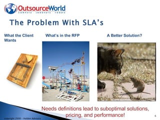 The Problem With SLA’s What the Client Wants What’s in the RFP A Better Solution? Needs definitions lead to suboptimal solutions, pricing, and performance! 