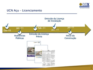 UCN Açu – Licenciamento

                                    Emissão da Licença
                                      de Instalação


          Jan -11            Feb -11                       Jul -11
Out-10                                     Jun -11

                      Emissão da Licença
         Audiências         Prévia                        Inicio da
          Públicas                                       Construção




                                                                      5
 