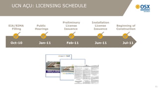 UCN AÇU: LICENSING SCHEDULE


                       Preliminary   Installation
EIA/RIMA     Public      License       License      Beginning of
  Filling   Hearings    Issuance      Issuance      Construction


  P
 Oct-10
               P
              Jan-11
                          P
                         Feb-11
                                        P
                                       Jun-11
                                                       P
                                                       Jul-11




                                                                   11
 