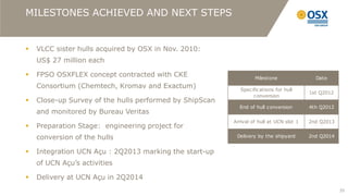 MILESTONES ACHIEVED AND NEXT STEPS


   VLCC sister hulls acquired by OSX in Nov. 2010:
    US$ 27 million each

   FPSO OSXFLEX concept contracted with CKE                      Milestone                Date
    Consortium (Chemtech, Kromav and Exactum)               Specifications for hull
                                                                                         1st Q2012
                                                                 conversion
   Close-up Survey of the hulls performed by ShipScan
                                                           End of hull conversion        4th Q2012
    and monitored by Bureau Veritas
                                                         Arrival of hull at UCN slot 1   2nd Q2013
   Preparation Stage: engineering project for
    conversion of the hulls                               Delivery by the shipyard       2nd Q2014


   Integration UCN Açu : 2Q2013 marking the start-up
    of UCN Açu’s activities

   Delivery at UCN Açu in 2Q2014
                                                                                                     35
 
