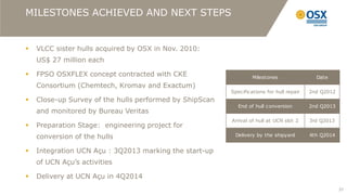 MILESTONES ACHIEVED AND NEXT STEPS


   VLCC sister hulls acquired by OSX in Nov. 2010:
    US$ 27 million each

   FPSO OSXFLEX concept contracted with CKE                      Milestones                Date
    Consortium (Chemtech, Kromav and Exactum)
                                                         Specifications for hull repair   2nd Q2012
   Close-up Survey of the hulls performed by ShipScan
                                                            End of hull conversion        2nd Q2013
    and monitored by Bureau Veritas
                                                         Arrival of hull at UCN slot 2    3rd Q2013
   Preparation Stage: engineering project for
    conversion of the hulls                               Delivery by the shipyard        4th Q2014


   Integration UCN Açu : 3Q2013 marking the start-up
    of UCN Açu’s activities

   Delivery at UCN Açu in 4Q2014
                                                                                                      37
 