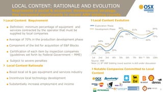 LOCAL CONTENT: RATIONALE AND EVOLUTION
   Represents a social & economic development strategy.
   Has increased significantly in recent ANP bidding rounds.
Local Content Requirement                                  Local Content Evolution
                                                                Exploration Phase
■ Definition: minimum percentage of equipment and                                     86%
                                                                Development Phase                                          84%
  services contracted by the operator that must be                                                81%
                                                                                                                     77%
  supplied by local companies                                                               86%
                                                                                      79%                                  79%
                                                                               54%                74%
■ Average of 70% in the production development phase                                                                 69%
                                                                  48%
                                                                         40%
■ Component of the bid for acquisition of E&P Blocks      27%
                                                                  42%           39%
■ Certification of each item by inspection companies                     28%
                                                          25%
  (guidelines set forth by Federal Government – MME)
                                                          1st      2nd   3rd    4th   5th   6th    7th   8th   (1)   9th   10th
■ Subject to severe penalties                             Source: ANP
                                                          Note (1) 8th ANP bidding round auction is still under discussion
Local Content Rationale
                                                           Notable Companies Committed to Local
■ Boost local oil & gas equipment and services industry   Content
■ Incentivize local technology development

■ Substantially increase employment and income
                                                                                                                                  5
 