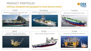 PRODUCT PORTFOLIO
         UCN Açu designed and equipped to meet diverse orders

                     FPSO                                     Drillship                                         Tanker
  Floating, Production, Storage and           Drilling units heavily demanded for
                                                                                                Maritime Transportation Unit
            Offloading Unit                            ultra-deep water’s




FPSO OSX-1 : Guanabara Bay, RJ, Brazil       Image courtesy of Hyundai Heavy Industries   Image courtesy of Hyundai Heavy Industries



                     WHP                                          PLSV                                           TLWP
       Fixed drilling & production                  Pipe-Laying Support Vessel                 Tension-Leg Wellhead Platform
     platforms ( Wellhead Platform)




Image courtesy of Hyundai Heavy Industries
                                             Image courtesy of IHC Offshore&Marine B.V.   Image courtesy of Hyundai Heavy Industries   21
 