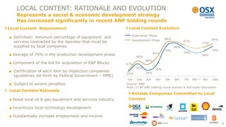 LOCAL CONTENT: RATIONALE AND EVOLUTION
   Represents a social & economic development strategy
   Has increased significantly in recent ANP bidding rounds
Local Content Requirement                                  Local Content Evolution
                                                                Exploration Phase
■ Definition: minimum percentage of equipment and                                     86%
                                                                Development Phase                                          84%
  services contracted by the operator that must be                                                81%
                                                                                                                     77%
  supplied by local companies                                                               86%
                                                                                      79%                                  79%
                                                                               54%                74%
■ Average of 70% in the production development phase                                                                 69%
                                                                  48%
                                                                         40%
■ Component of the bid for acquisition of E&P Blocks      27%
                                                                  42%           39%
■ Certification of each item by inspection companies                     28%
                                                          25%
  (guidelines set forth by Federal Government – MME)
                                                          1st      2nd   3rd    4th   5th   6th    7th   8th   (1)   9th   10th
■ Subject to severe penalties                             Source: ANP
                                                          Note (1) 8th ANP bidding round auction is still under discussion
Local Content Rationale
                                                            Notable Companies Committed to Local
■ Boost local oil & gas equipment and services industry    Content

■ Incentivize local technology development

■ Substantially increase employment and income
                                                                                                                                  5
 