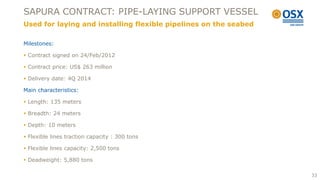 SAPURA CONTRACT: PIPE-LAYING SUPPORT VESSEL
Used for laying and installing flexible pipelines on the seabed

Milestones:

 Contract signed on 24/Feb/2012

 Contract price: US$ 263 million

 Delivery date: 4Q 2014

Main characteristics:

 Length: 135 meters

 Breadth: 24 meters

 Depth: 10 meters

 Flexible lines traction capacity : 300 tons

 Flexible lines capacity: 2,500 tons

 Deadweight: 5,880 tons

                                                                  33
 