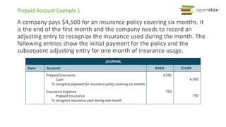 A company pays $4,500 for an insurance policy covering six months. It
is the end of the first month and the company needs to record an
adjusting entry to recognize the insurance used during the month. The
following entries show the initial payment for the policy and the
subsequent adjusting entry for one month of insurance usage.
Prepaid Account Example 1
 