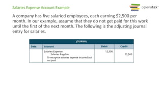 A company has five salaried employees, each earning $2,500 per
month. In our example, assume that they do not get paid for this work
until the first of the next month. The following is the adjusting journal
entry for salaries.
Salaries Expense Account Example
 