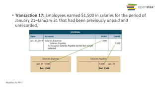 • Transaction 17: Employees earned $1,500 in salaries for the period of
January 21–January 31 that had been previously unpaid and
unrecorded.
Modified for PPT.
 