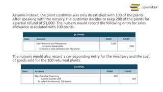 Assume instead, the plant customer was only dissatisfied with 100 of the plants.
After speaking with the nursery, the customer decides to keep 200 of the plants for
a partial refund of $1,000. The nursery would record the following entry for sales
allowance associated with 100 plants.
The nursery would also record a corresponding entry for the inventory and the cost
of goods sold for the 100 returned plants.
 