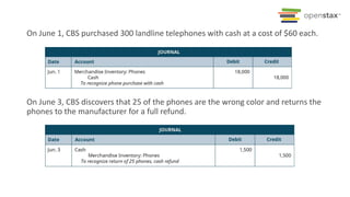 On June 1, CBS purchased 300 landline telephones with cash at a cost of $60 each.
On June 3, CBS discovers that 25 of the phones are the wrong color and returns the
phones to the manufacturer for a full refund.
 