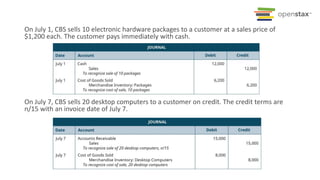 On July 1, CBS sells 10 electronic hardware packages to a customer at a sales price of
$1,200 each. The customer pays immediately with cash.
On July 7, CBS sells 20 desktop computers to a customer on credit. The credit terms are
n/15 with an invoice date of July 7.
 