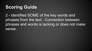 Scoring Guide 
2 - identified SOME of the key words and 
phrases from the text. Connection between 
phrases and words is lacking or does not make 
sense. 
 