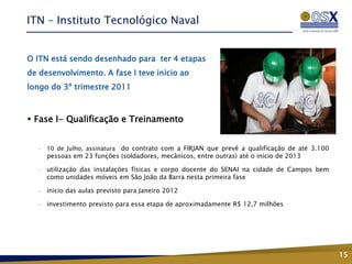ITN – Instituto Tecnológico Naval


O ITN está sendo desenhado para ter 4 etapas
de desenvolvimento. A fase I teve inicio ao
longo do 3º trimestre 2011



 Fase I- Qualificação e Treinamento


  —                         do contrato com a FIRJAN que prevê a qualificação de até 3.100
      10 de Julho, assinatura
      pessoas em 23 funções (soldadores, mecânicos, entre outras) até o inicio de 2013

  —   utilização das instalações físicas e corpo docente do SENAI na cidade de Campos bem
      como unidades móveis em São João da Barra nesta primeira fase

  —   inicio das aulas previsto para Janeiro 2012

  —   investimento previsto para essa etapa de aproximadamente R$ 12,7 milhões




                                                                                             15
 