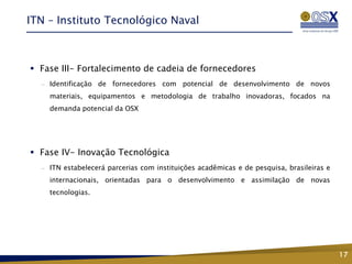 ITN – Instituto Tecnológico Naval



 Fase III- Fortalecimento de cadeia de fornecedores
  —   Identificação de fornecedores com potencial de desenvolvimento de novos
      materiais, equipamentos e metodologia de trabalho inovadoras, focados na
      demanda potencial da OSX




 Fase IV- Inovação Tecnológica
  —   ITN estabelecerá parcerias com instituições acadêmicas e de pesquisa, brasileiras e
      internacionais, orientadas para o desenvolvimento e assimilação de novas
      tecnologias.



                                      Fase 2 – Conhecimento,
                                       Tecnologia e Inovação


                                                                                            17
 