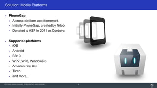 © 2015 Adobe Systems Incorporated. All Rights Reserved. Adobe Confidential.
Solution: Mobile Platforms
22
 PhoneGap
 A cross-platform app framework
 Initially PhoneGap, created by Nitobi
 Donated to ASF in 2011 as Cordova
 Supported platforms
 iOS
 Android
 BB10
 WP7, WP8, Windows 8
 Amazon Fire OS
 Tizen
 and more…
 