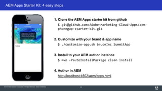 © 2015 Adobe Systems Incorporated. All Rights Reserved. Adobe Confidential.
AEM Apps Starter Kit: 4 easy steps
32
1. Clone the AEM Apps starter kit from github
$ git@github.com:Adobe-Marketing-Cloud-Apps/aem-
phonegap-starter-kit.git
2. Customize with your brand & app name
$ ./customize-app.sh bruceInc SummitApp
3. Install to your AEM author instance
$ mvn -PautoInstallPackage clean install
4. Author in AEM
http://localhost:4502/aem/apps.html
 