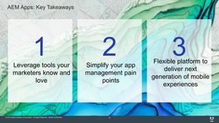 © 2015 Adobe Systems Incorporated. All Rights Reserved. Adobe Confidential. 8
AEM Apps: Key Takeaways
Leverage tools your
marketers know and
love
1 Simplify your app
management pain
points
2 3Flexible platform to
deliver next
generation of mobile
experiences
 
