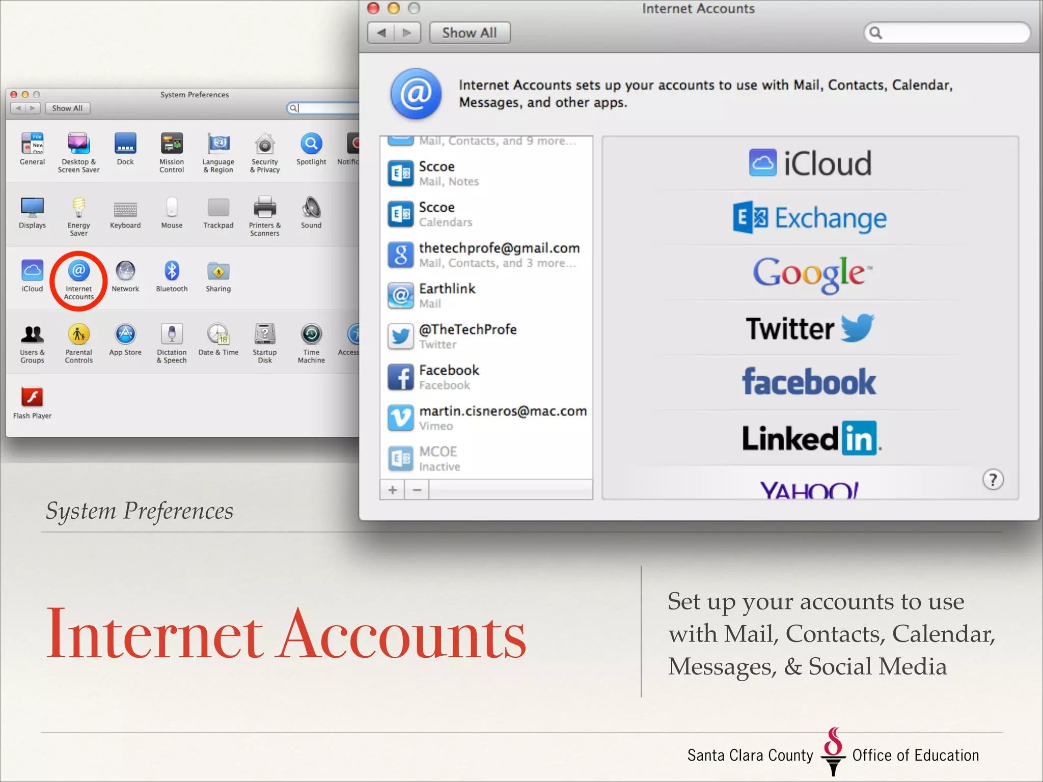 System Preferences

iCloud

Mail, Notes, Safari, Keychain,
Photos, Docs & Data, Back to
My Mac, Find My Mac

 