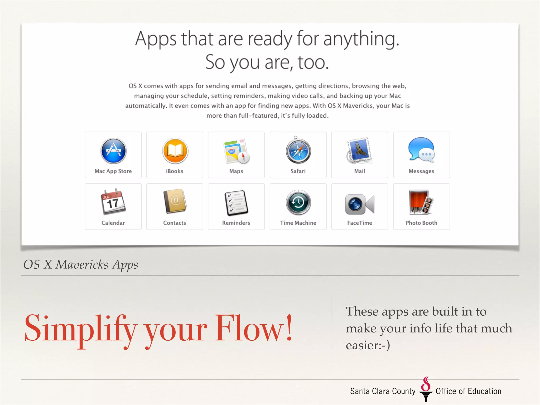 AirPlay

OS X Mavericks takes full
advantage of every display
connected to your Mac, giving
you even more ﬂexibility to
work the way you want.

 