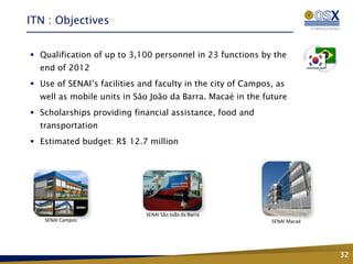 ITN : Objectives


 Qualification of up to 3,100 personnel in 23 functions by the
  end of 2012
 Use of SENAI’s facilities and faculty in the city of Campos, as
  well as mobile units in São João da Barra. Macaé in the future
 Scholarships providing financial assistance, food and
  transportation
 Estimated budget: R$ 12.7 million




                             SENAI São João da Barra
   SENAI Campos
                                  Fase 2 – Conhecimento,     SENAI Macaé
                                   Tecnologia e Inovação


                                                                           32
 