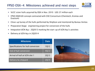 FPSO OSX-4: Milestones achieved and next steps

 VLCC sister hulls acquired by OSX in Nov. 2010 : US$ 27 million each

 FPSO OSXFLEX concept contracted with CKE Consortium (Chemtech, Kromav and
 OSX-3
  Exactum)                                   WHP-2
 Close-up Survey of the hulls performed by ShipScan and monitored by Bureau Veritas

 Preparation Stage: engineering project for conversion of the hulls

 Integration UCN Açu : 2Q2013 marking the start-up of UCN Açu’s activities

 Delivery at UCN Açu in 2Q2014



              Milestone                 Date

 Specifications for hull conversion     1Q12

 End of hull conversion                 4Q12

 Arrival of hull at UCN slot 1          2Q13

 Delivery by shipyard                   2Q14



                                                                                       23
 