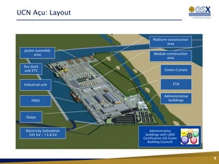 UCN Açu: Layout


                                  Platform construction
                                          area

  Jacket assembly
        area                       Module construction
                                          area

 Dry dock
 and ETS                                  Green Curtain



  Industrial unit                               ETA


                                          Administrative
      FPSO                                  buildings




   Quays



   Electricity Substation       Administrative
     345 kV – 13.8 kV        buildings with LEED
                            Certification (US Green
                              Building Council)




                                                           4
 