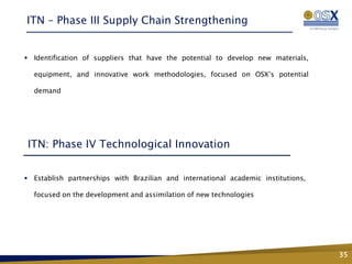 ITN – Phase III Supply Chain Strengthening


 Identification of suppliers that have the potential to develop new materials,

  equipment, and innovative work methodologies, focused on OSX’s potential

  demand




ITN: Phase IV Technological Innovation


 Establish partnerships with Brazilian and international academic institutions,

  focused on the development and assimilation of new technologies



                                      Fase 2 – Conhecimento,
                                       Tecnologia e Inovação


                                                                                   35
 