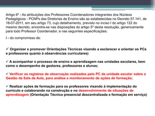 Artigo 6º - As atribuições dos Professores Coordenadores integrantes dos Núcleos
Pedagógicos - PCNPs das Diretorias de Ensino são as estabelecidas no Decreto 57.141, de
18-07-2011, em seu artigo 73, cujo detalhamento, previsto no inciso I do artigo 122 do
mesmo decreto, encontra-se nas disposições do artigo 5º desta resolução, genericamente
para todo Professor Coordenador, e nas seguintes especificações:
I - do compromisso de:
 Organizar e promover Orientações Técnicas visando a esclarecer e orientar os PCs
e professores quanto à observâncias curriculares)
 A acompanhar o processo de ensino e aprendizagem nas unidades escolares, bem
como o desempenho de gestores, professores e alunos;
 Verificar os registros de observação realizados pelo PC da unidade escolar sobre a
Gestão da Sala de Aula, para análise e monitoramento de ações de formação;
 Realizar ações de formação para os professores visando à implementação do
currículo e colaborando na construção e no desenvolvimento de situações de
aprendizagem (Orientação Técnica presencial descentralizada e formação em serviço)
 