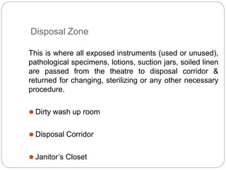 Disposal Zone
This is where all exposed instruments (used or unused),
pathological specimens, lotions, suction jars, soiled linen
are passed from the theatre to disposal corridor &
returned for changing, sterilizing or any other necessary
procedure.
⚫ Dirty wash up room
⚫ Disposal Corridor
⚫ Janitor’s Closet
 