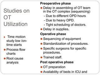 Studies on
OT
Utilization
Preoperative phase
⚫ Delay in assembling of OT team
in the OT complex (sequencing)
- Due to different OPD hours
- Due to heavy OPD.
- Tight scheduling of doctors.
⚫ Delay in supplies.
Operative phase
⚫ Sequencing of equipment
⚫ Standardization of procedures.
⚫ Specific surgeons for specific
procedures.
⚫ Trained staff.
Post operative phase
⚫ OT preparation
⚫ Availability of beds in ICU and
⚫ Time motion
study low /on-
time starts
⚫ Process flow
charts
⚫ Root cause
analysis
 