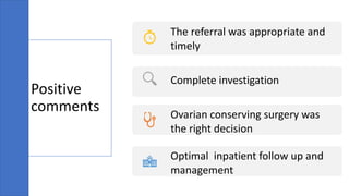 Positive
comments
4/17/2023 case presentation on adnexal torsion 40
The referral was appropriate and
timely
Complete investigation
Ovarian conserving surgery was
the right decision
Optimal inpatient follow up and
management
 