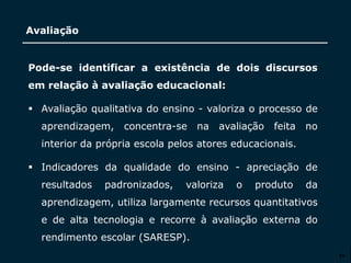 SECRETARIA DA EDUCAÇÃO
Coordenadoria de Gestão da Educação Básica
Avaliação
24
Pode-se identificar a existência de dois discursos
em relação à avaliação educacional:
 Avaliação qualitativa do ensino - valoriza o processo de
aprendizagem, concentra-se na avaliação feita no
interior da própria escola pelos atores educacionais.
 Indicadores da qualidade do ensino - apreciação de
resultados padronizados, valoriza o produto da
aprendizagem, utiliza largamente recursos quantitativos
e de alta tecnologia e recorre à avaliação externa do
rendimento escolar (SARESP).
 