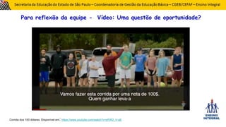Para reflexão da equipe - Vídeo: Uma questão de oportunidade?
Corrida dos 100 dólares. Dísponível em: https://www.youtube.com/watch?v=jrFtR2_V-qE
 
